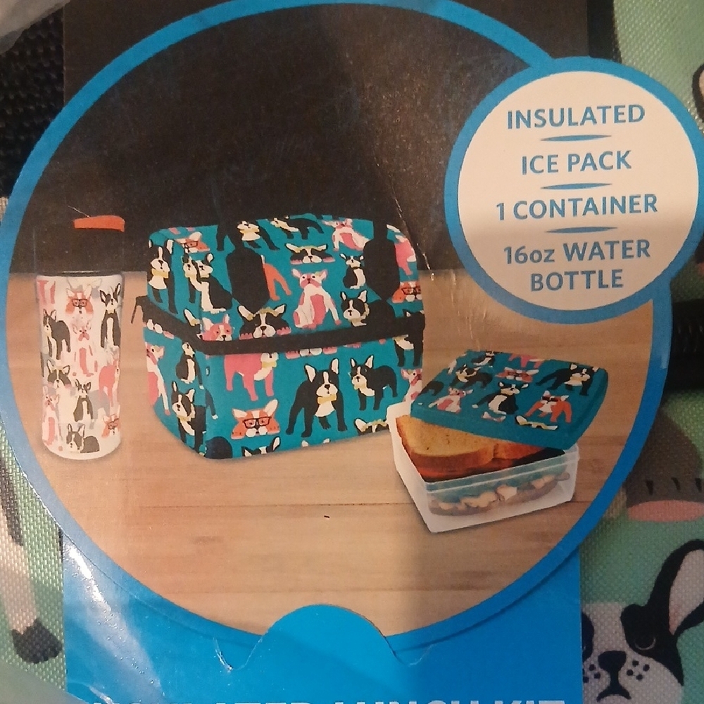 Kids Insulated Lunch Kit - Green with Dog Print Set Of 2 - Picture 2 of 2